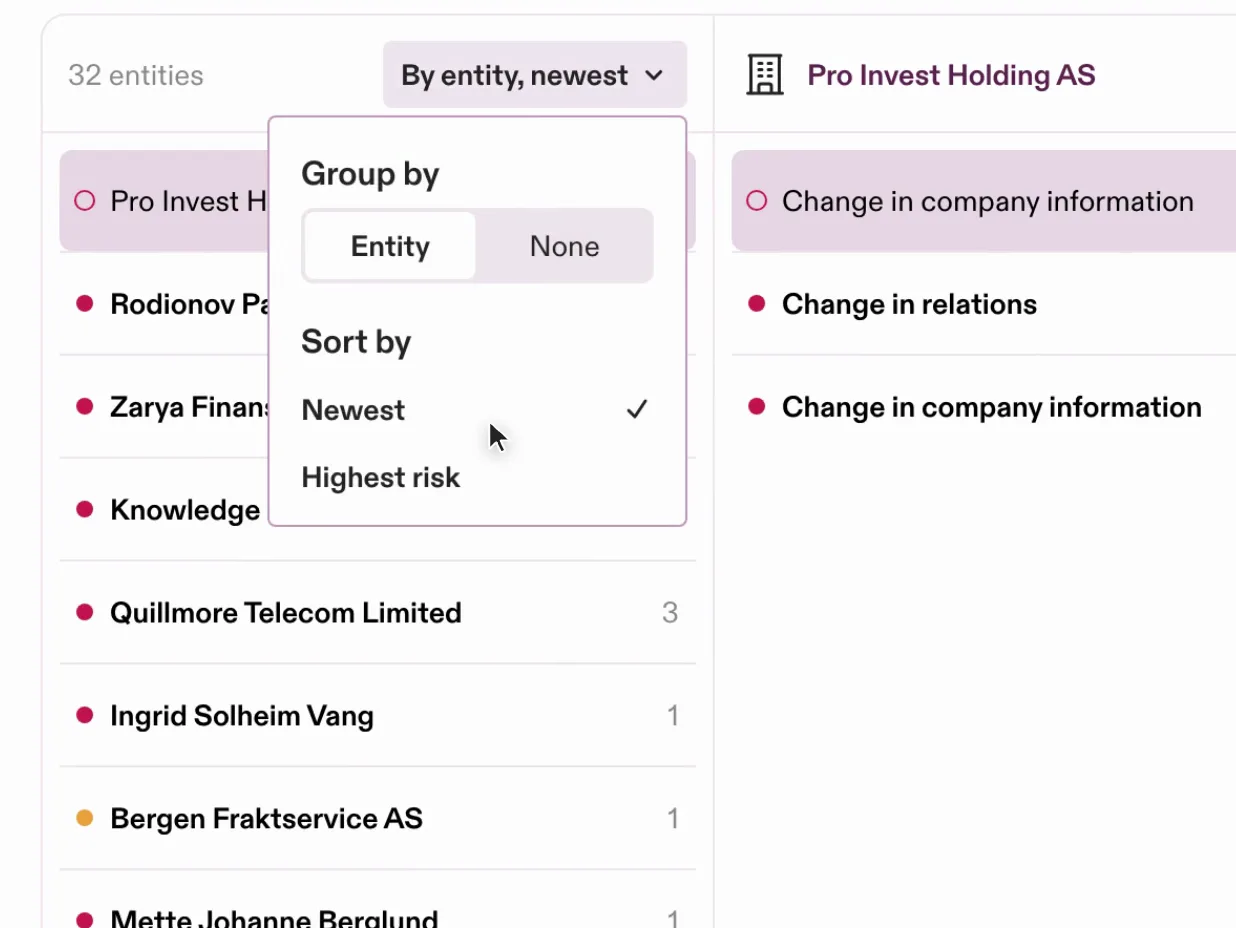 The Strise Monitoring list with the Group by and Sort by menu open
