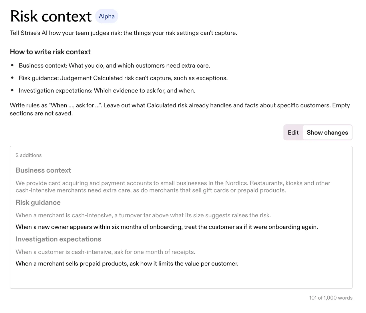 Settings, Risk context in Strise with the Alpha badge, showing two rules added to the team guidance