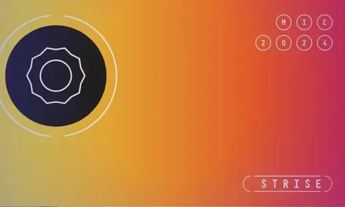 Abstract black gear icon inside concentric circles on a gradient yellow to red background with circled text ‘MIC 2024’ and ‘STRISE’.