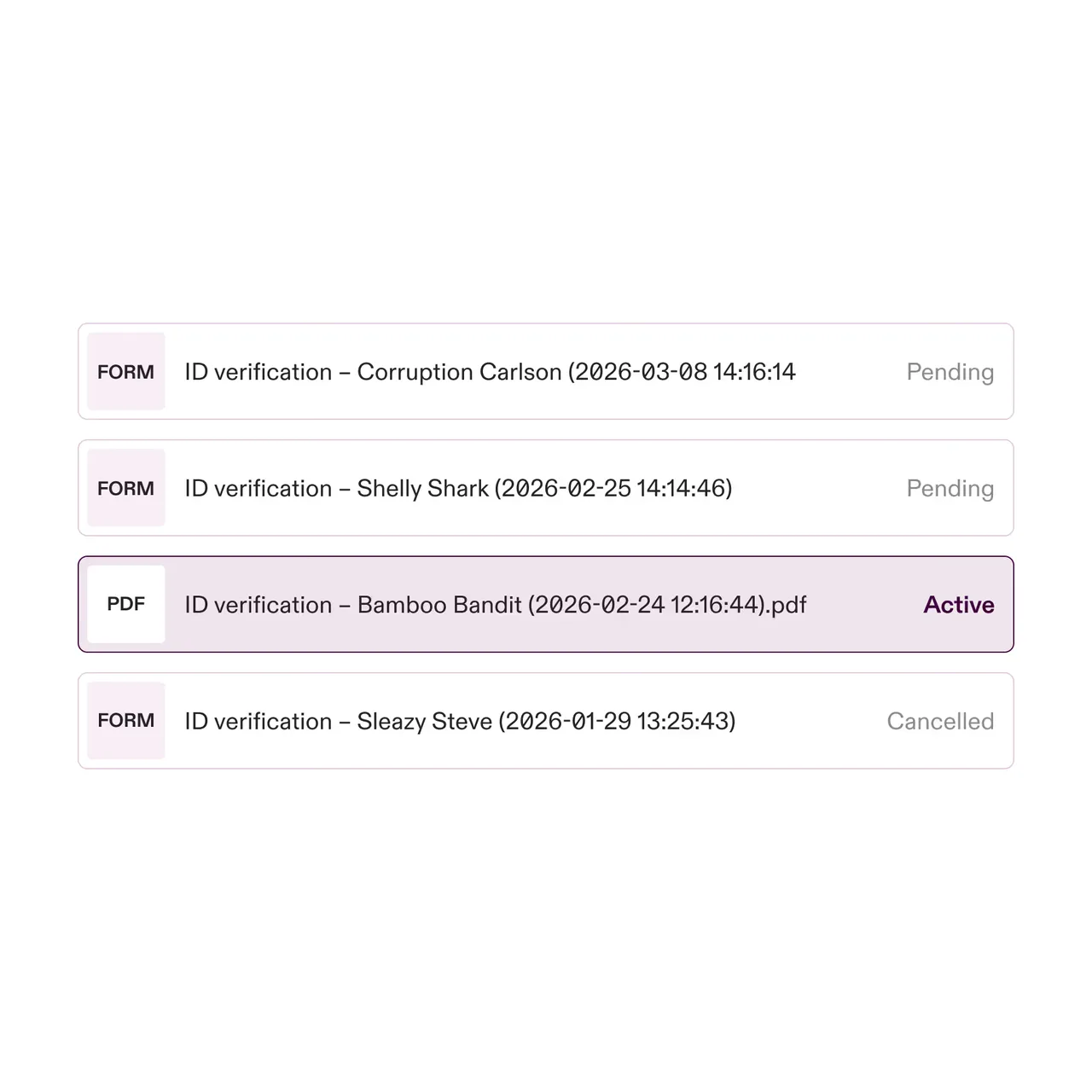 List of ID verifications showing names, dates, and statuses: pending, active PDF, and cancelled.