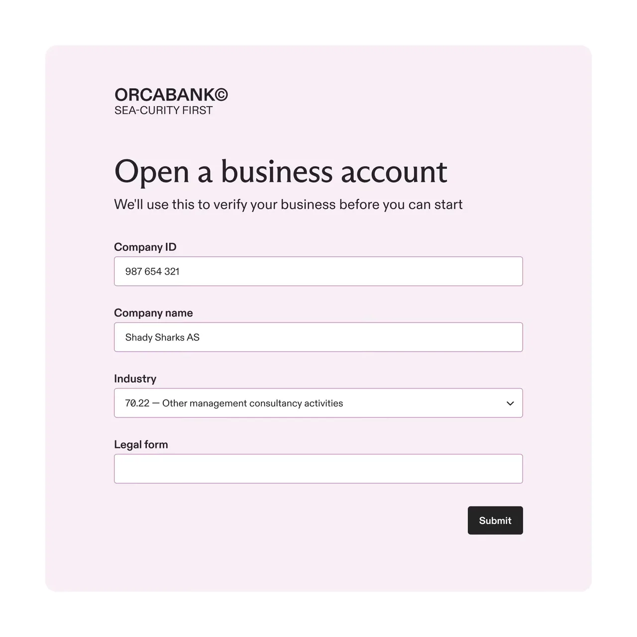 Online form to open a business account with fields for company ID, company name, industry, legal form, and a submit button.