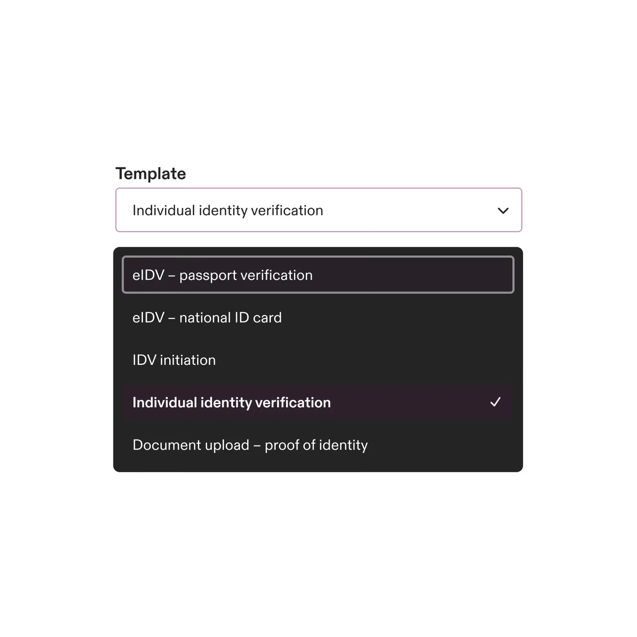 Dropdown menu labeled Template with options for identity verification including eIDV passport, national ID card, IDV initiation, individual identity verification selected, and document upload proof of identity.