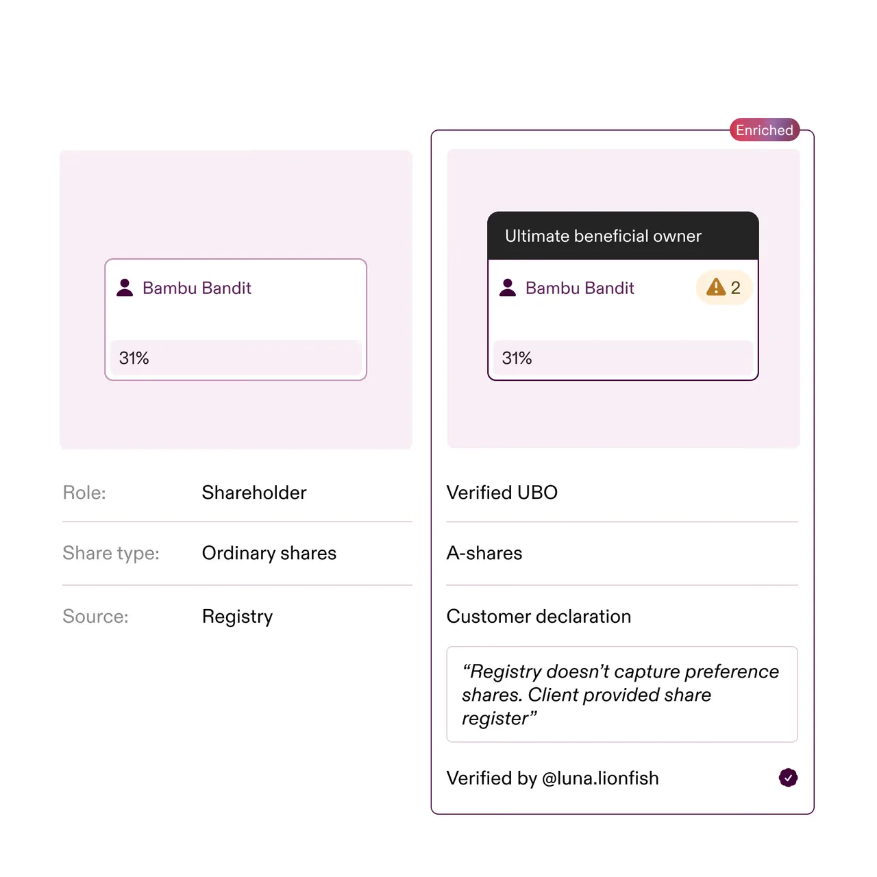 Comparison of shareholder and verified ultimate beneficial owner details for Bambu Bandit, each holding 31% shares, with the verified UBO showing additional warning and verification notes.