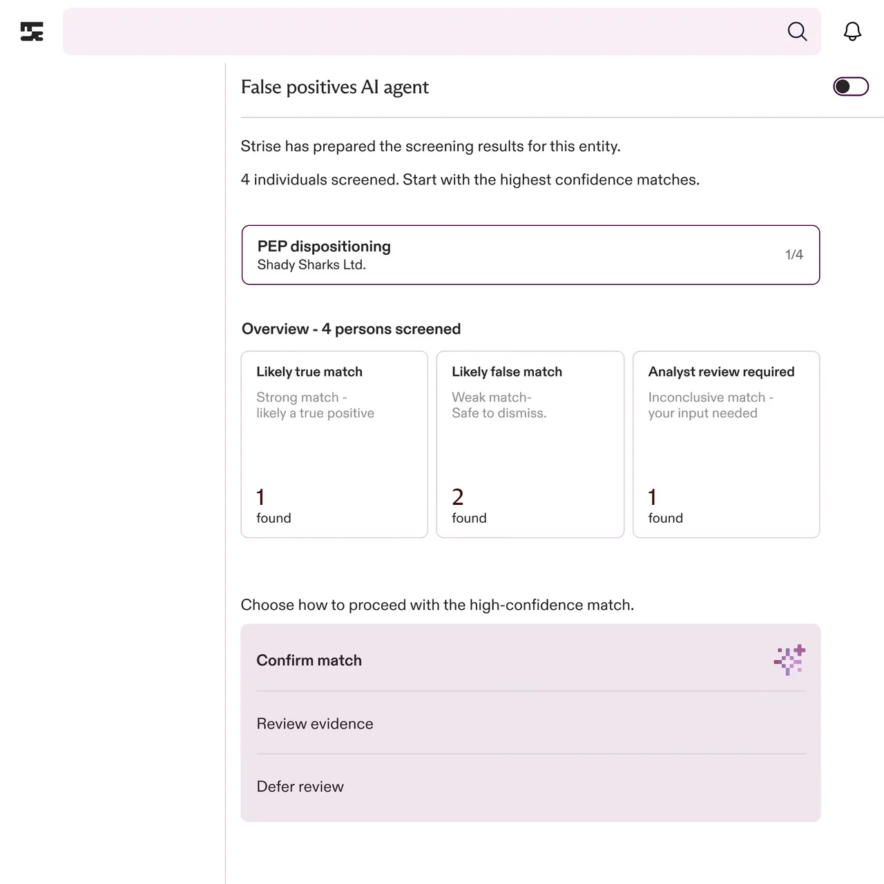 AI screening results for four individuals with categories: one likely true match, two likely false matches, one needing analyst review, and options to confirm match, review evidence, or defer review.