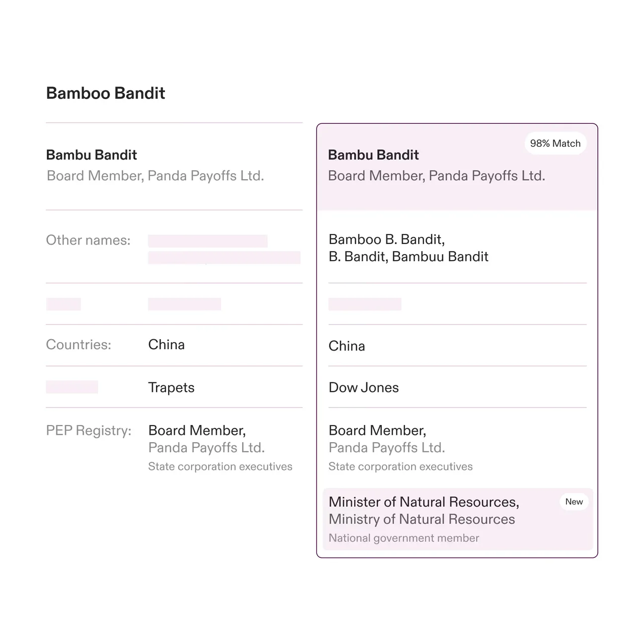 Comparison of two profiles named Bambu Bandit, showing board membership at Panda Payoffs Ltd., country China, and roles including Minister of Natural Resources.