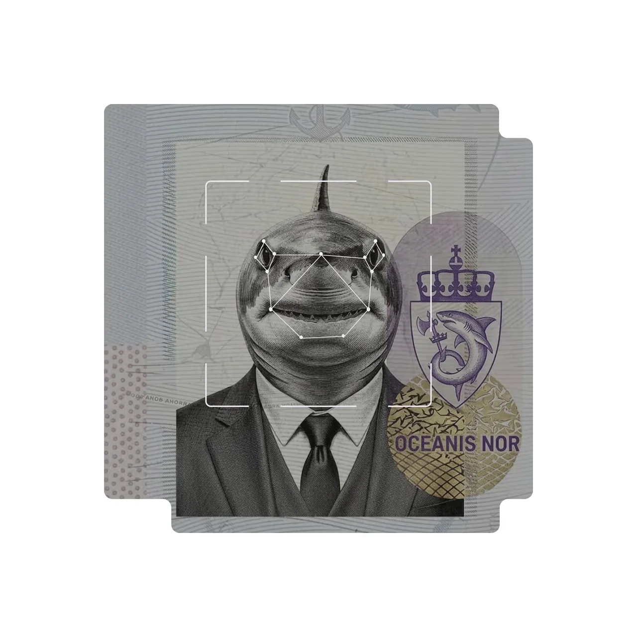 Illustration of a shark wearing a suit and tie with a facial recognition overlay and a crest featuring a sword and shark, labeled Oceanis Nor.