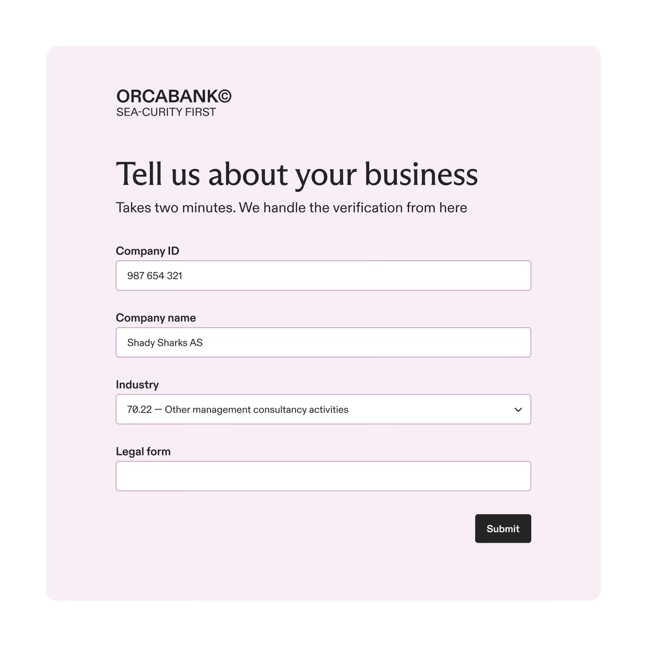 ORCABANK business information form requesting company ID, name, industry with example entries, and legal form field with a submit button.